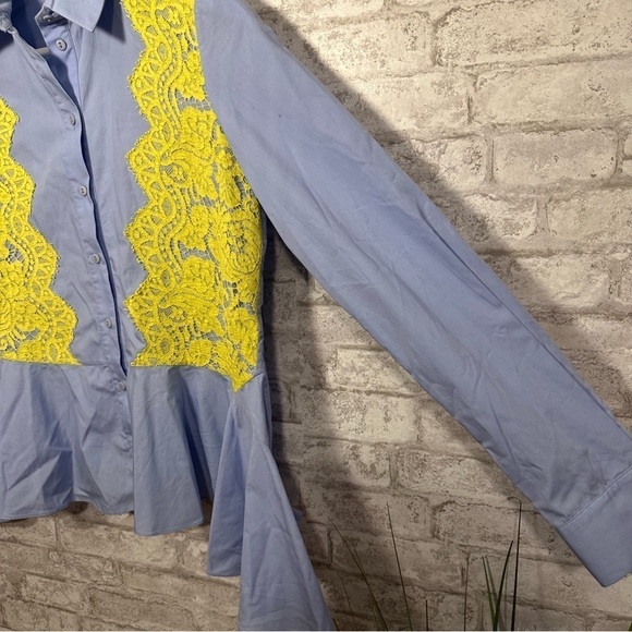 𝅺PREEN by Thornton Bregazzi‎ Peplum Blouse Women’s Extra Small Yellow Blue Lace - Picture 2 of 7